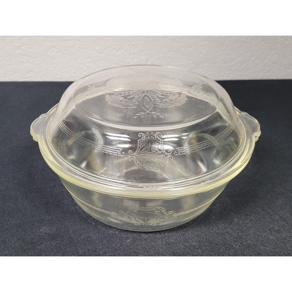 Glasbake 206/506 Clear Glass Covered Casserole Dish Floral Pattern VTG 1940s